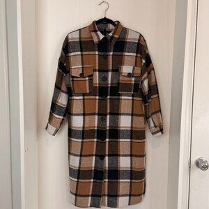 Himosyber Women's Casual Plaid Lapel Woolen Button Up Pocketed Long Shacket Coat